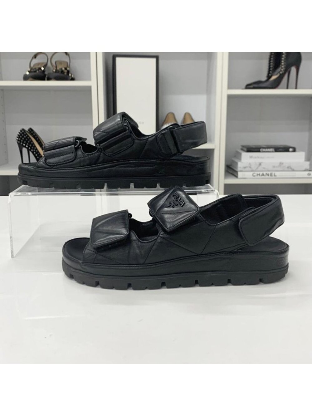 Prada Logo Padded Nappa Leather Velcro Sandals Black - Picture 3 of 10